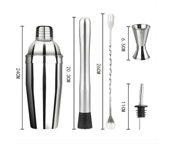 Set Barman Preparare Cocktail,Flippy, 6 Piese, Inox, Argintiu, Kit Accesorii Bar si Mixologie: Shaker750ml, Masura dubla, Pistil, Lingura barman, 2 Picuratoare