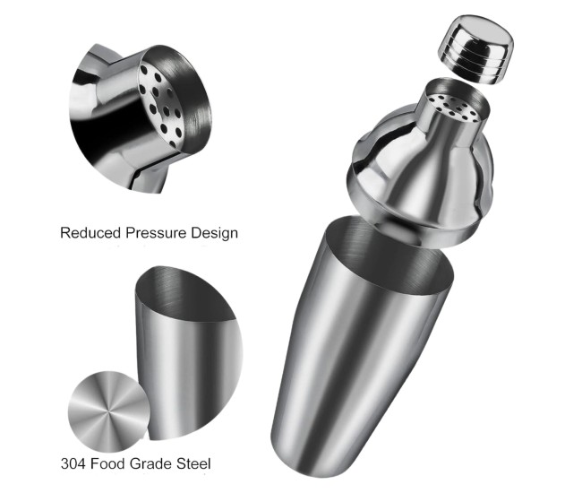 Set Barman Preparare Cocktail,Flippy, 6 Piese, Inox, Argintiu, Kit Accesorii Bar si Mixologie: Shaker750ml, Masura dubla, Pistil, Lingura barman, 2 Picuratoare