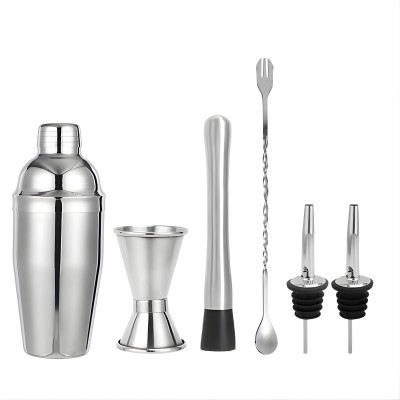 Set Barman Preparare Cocktail,Flippy, 6 Piese, Inox, Argintiu, Kit Accesorii Bar si Mixologie: Shaker750ml, Masura dubla, Pistil, Lingura barman, 2 Picuratoare