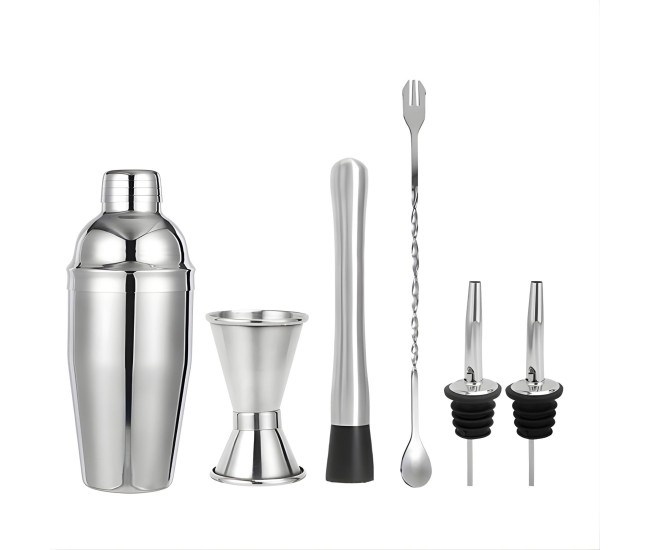 Set Barman Preparare Cocktail,Flippy, 6 Piese, Inox, Argintiu, Kit Accesorii Bar si Mixologie: Shaker750ml, Masura dubla, Pistil, Lingura barman, 2 Picuratoare