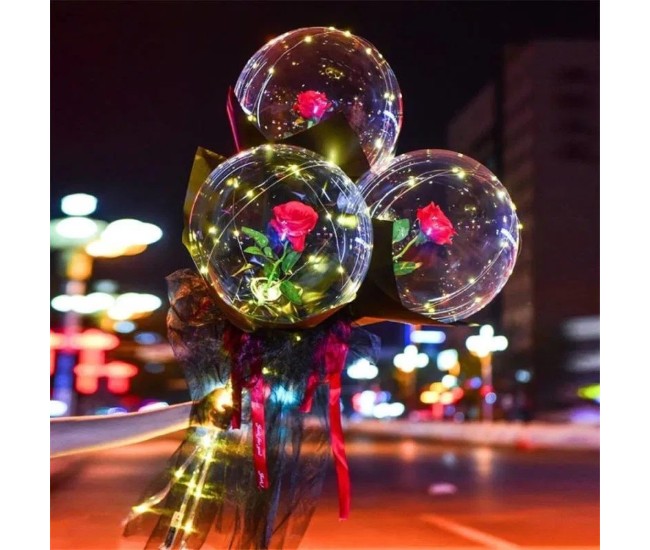 Set Buchet Decorativ, Flippy, Trandafir in Balon cu Lumini Led, Diametru 35 cm, 2 x Baterii AA (neincluse), Rosu/Negru
