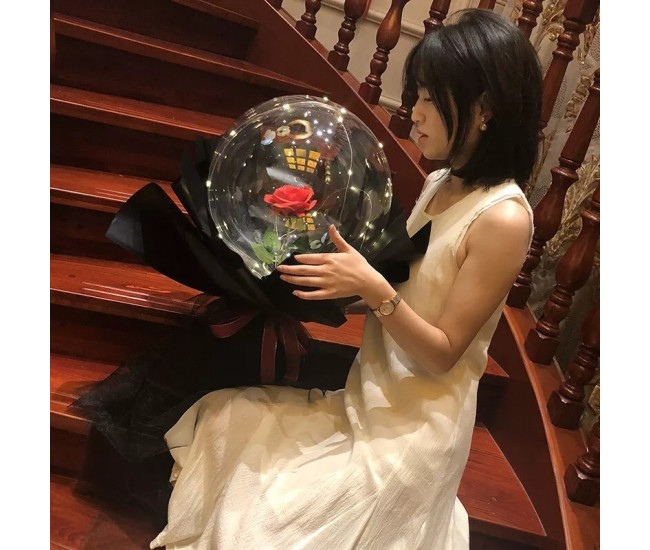 Set Buchet Decorativ, Flippy, Trandafir in Balon cu Lumini Led, Diametru 35 cm, 2 x Baterii AA (neincluse), Rosu/Negru