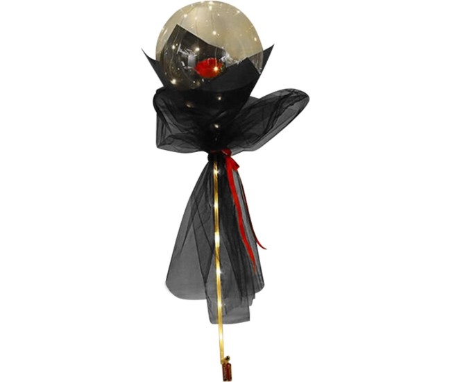Set Buchet Decorativ, Flippy, Trandafir in Balon cu Lumini Led, Diametru 35 cm, 2 x Baterii AA (neincluse), Rosu/Negru
