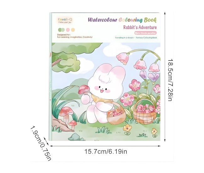 Set Carte de Colorat cu Acuarela, Flippy, Model Iepure, 20 Foi de Carton 200 gr, 12 Culori, 1 Pensula, 15.7 x 18.8 x 1.8 cm, Alb