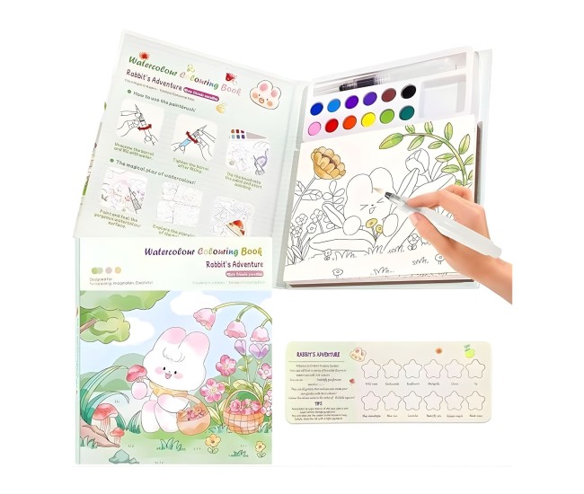 Set Carte de Colorat cu Acuarela, Flippy, Model Iepure, 20 Foi de Carton 200 gr, 12 Culori, 1 Pensula, 15.7 x 18.8 x 1.8 cm, Alb