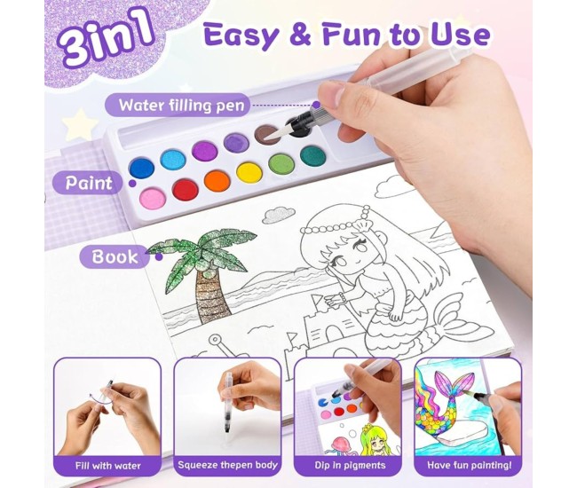 Set Carte de Colorat cu Acuarela, Flippy, Model Sirena, 20 Foi de Carton 200 gr, 12 Culori, 1 Pensula, 15.7 x 18.8 x 1.8 cm, Roz