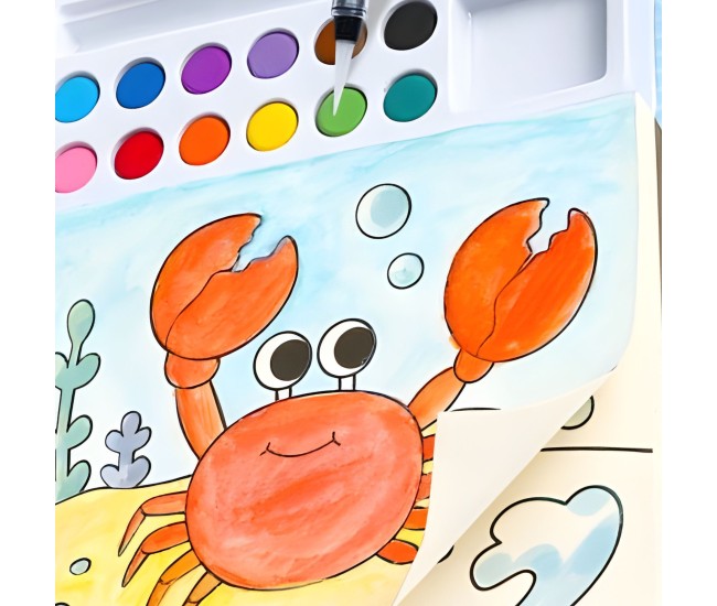 Set Carte de Colorat cu Acuarela, Flippy, Model Balena, 20 Foi de Carton 200 gr, 12 Culori, 1 Pensula, 15.7 x 18.8 x 1.8 cm, Albastru