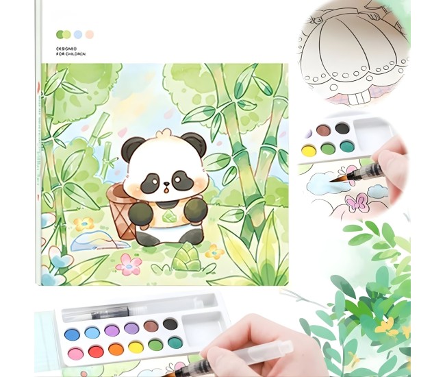 Set Carte de Colorat cu Acuarela, Flippy, Model Panda, 20 Foi de Carton 200 gr, 12 Culori, 1 Pensula, 15.7 x 18.8 x 1.8 cm, Verde