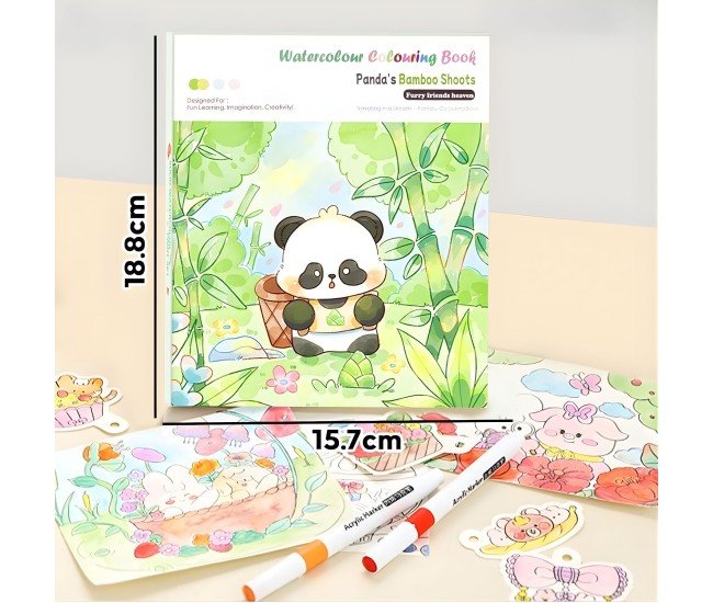Set Carte de Colorat cu Acuarela, Flippy, Model Panda, 20 Foi de Carton 200 gr, 12 Culori, 1 Pensula, 15.7 x 18.8 x 1.8 cm, Verde