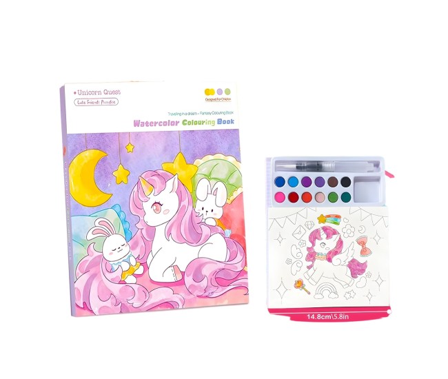 Set Carte de Colorat cu Acuarela, Flippy, Model Unicorn, 20 Foi de Carton 200 gr, 12 Culori, 1 Pensula, 15.7 x 18.8 x 1.8 cm, Mov
