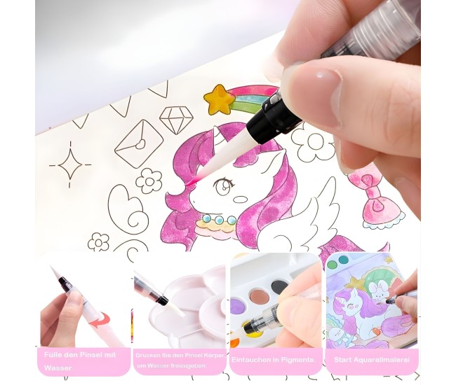Set Carte de Colorat cu Acuarela, Flippy, Model Unicorn, 20 Foi de Carton 200 gr, 12 Culori, 1 Pensula, 15.7 x 18.8 x 1.8 cm, Mov