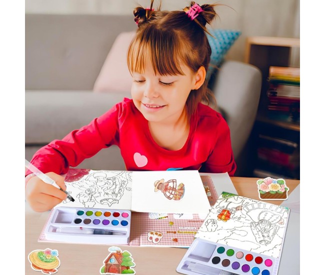 Set Carte de Colorat cu Acuarela, Flippy, Model Printesa, 20 Foi de Carton 200 gr, 12 Culori, 1 Pensula, 15.7 x 18.8 x 1.8 cm, Roz deschis