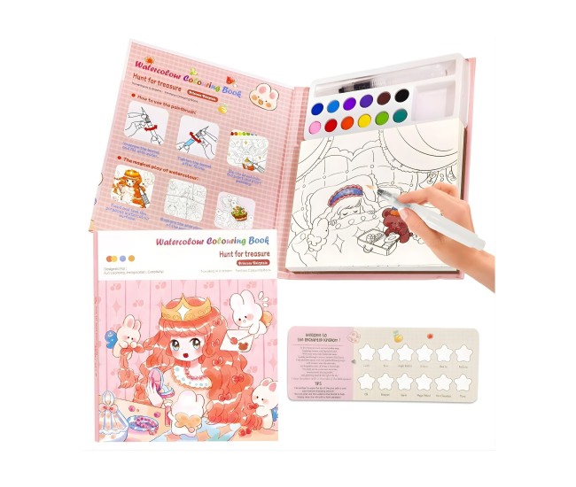 Set Carte de Colorat cu Acuarela, Flippy, Model Printesa, 20 Foi de Carton 200 gr, 12 Culori, 1 Pensula, 15.7 x 18.8 x 1.8 cm, Roz deschis