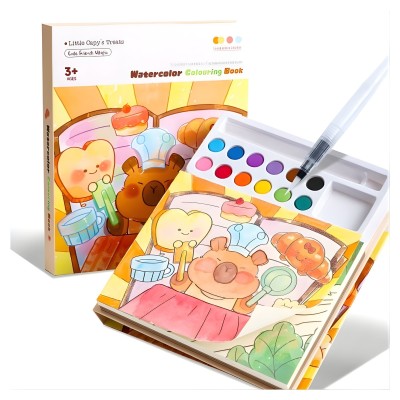 Set Carte de Colorat cu Acuarela, Flippy, Model Capibara, 20 Foi de Carton 200 gr, 12 Culori, 1 Pensula, 15.7 x 18.8 x 1.8 cm, Maro