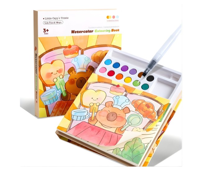 Set Carte de Colorat cu Acuarela, Flippy, Model Capibara, 20 Foi de Carton 200 gr, 12 Culori, 1 Pensula, 15.7 x 18.8 x 1.8 cm, Maro