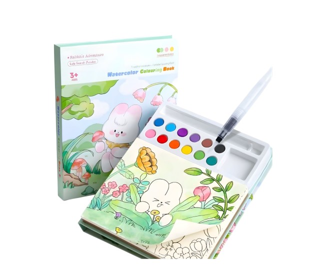 Set Carte de Colorat cu Acuarela, Flippy, Model Iepure, 20 Foi de Carton 200 gr, 12 Culori, 1 Pensula, 15.7 x 18.8 x 1.8 cm, Alb