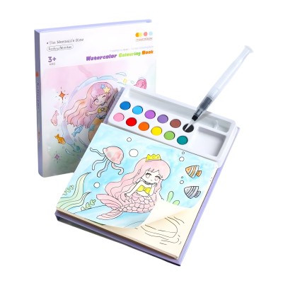 Set Carte de Colorat cu Acuarela, Flippy, Model Sirena, 20 Foi de Carton 200 gr, 12 Culori, 1 Pensula, 15.7 x 18.8 x 1.8 cm, Roz