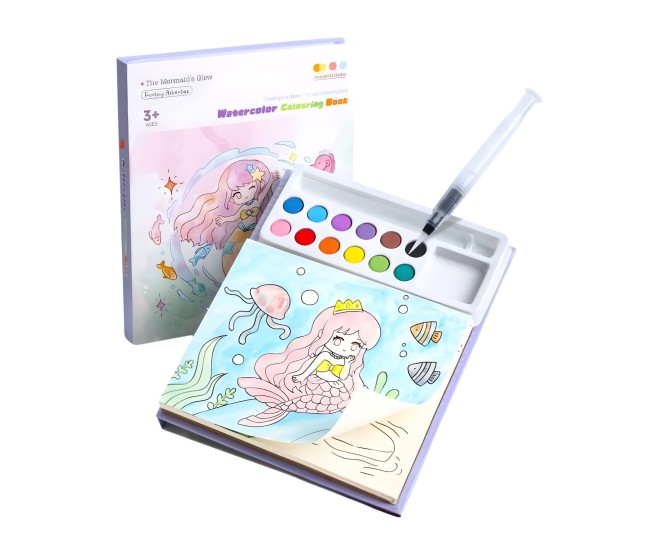 Set Carte de Colorat cu Acuarela, Flippy, Model Sirena, 20 Foi de Carton 200 gr, 12 Culori, 1 Pensula, 15.7 x 18.8 x 1.8 cm, Roz