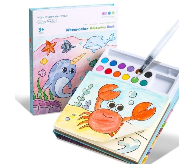 Set Carte de Colorat cu Acuarela, Flippy, Model Balena, 20 Foi de Carton 200 gr, 12 Culori, 1 Pensula, 15.7 x 18.8 x 1.8 cm, Albastru