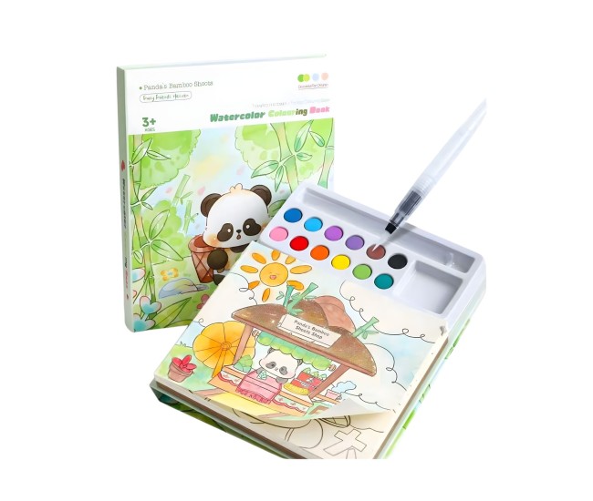 Set Carte de Colorat cu Acuarela, Flippy, Model Panda, 20 Foi de Carton 200 gr, 12 Culori, 1 Pensula, 15.7 x 18.8 x 1.8 cm, Verde