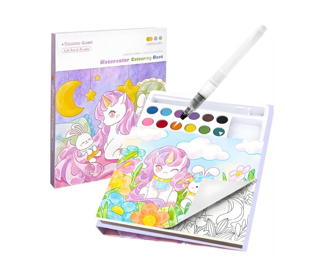 Set Carte de Colorat cu Acuarela, Flippy, Model Unicorn, 20 Foi de Carton 200 gr, 12 Culori, 1 Pensula, 15.7 x 18.8 x 1.8 cm, Mov