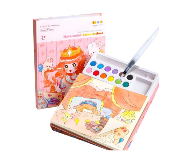 Set Carte de Colorat cu Acuarela, Flippy, Model Printesa, 20 Foi de Carton 200 gr, 12 Culori, 1 Pensula, 15.7 x 18.8 x 1.8 cm, Roz deschis