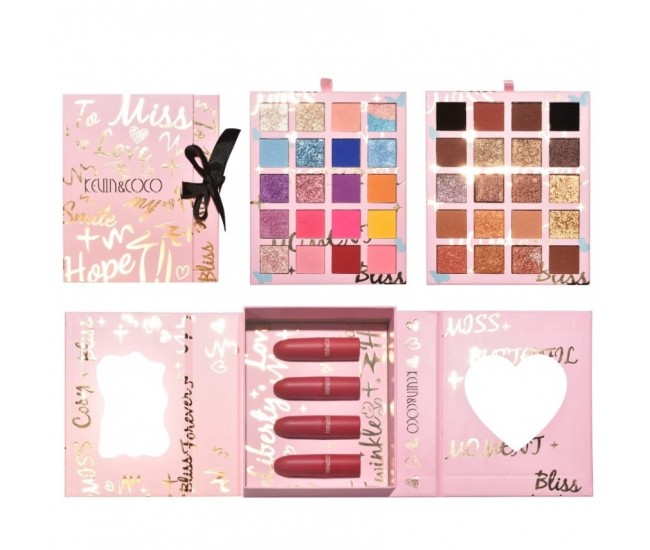 Set cosmetice Kevin&Coco, 4 Lip gloss, paleta farduri 40 culori nuante nude / rose, cutie cadou, Fara Sulfati, Pudra Compacta, Clasic, 17 x 14 x 5 cm, multicolor Set cosmetice Kevin&Coco, 4 Lip gloss, paleta farduri 40 culori nuante nude / rose, cutie cadou, Fara Sulfati, Pudra Compacta, Clasic, 17 x 14 x 5 cm, multicolor