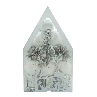 Set de 12 ornamente de brad, Flippy, de tip Glob, Alb/ Argintiu, din polistiren, cu finisaj sclipitor , cutie  4  cm adancime x 20  cm inaltime x 12  cm lungime) Set de 12 ornamente de brad, Flippy, de tip Glob, Alb/ Argintiu, din polistiren, cu finisaj sclipitor , cutie  4  cm adancime x 20  cm inaltime x 12  cm lungime)