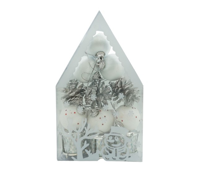 Set de 12 ornamente de brad, Flippy, de tip Glob, Alb/ Argintiu, din polistiren, cu finisaj sclipitor , cutie  4  cm adancime x 20  cm inaltime x 12  cm lungime)