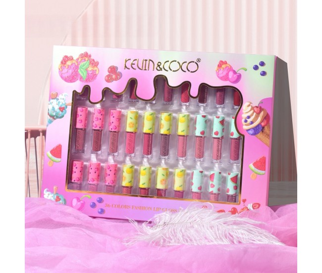 Set de Buze, KEVIN & COCO, 36 Lip Gloss-uri, Model Capac cu Fructe, 32.3 x 24.3 x 2.4 cm, Multicolor Set de Buze, KEVIN & COCO, 36 Lip Gloss-uri, Model Capac cu Fructe, 32.3 x 24.3 x 2.4 cm, Multicolor