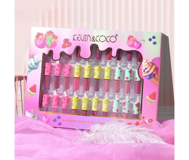 Set de Buze, KEVIN & COCO, 36 Lip Gloss-uri, Model Capac cu Fructe, 32.3 x 24.3 x 2.4 cm, Multicolor Set de Buze, KEVIN & COCO, 36 Lip Gloss-uri, Model Capac cu Fructe, 32.3 x 24.3 x 2.4 cm, Multicolor