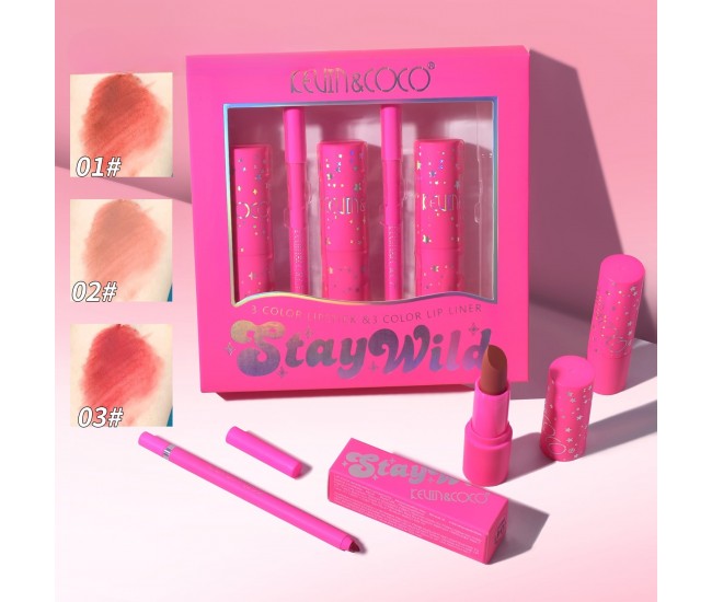 Set de Buze, KEVIN & COCO, Stay Wild, 3 Lip Stick-uri si 3 Creioane de Buze, 16.1 x 16 x 2.6 cm, Nuante Calde Set de Buze, KEVIN & COCO, Stay Wild, 3 Lip Stick-uri si 3 Creioane de Buze, 16.1 x 16 x 2.6 cm, Nuante Calde