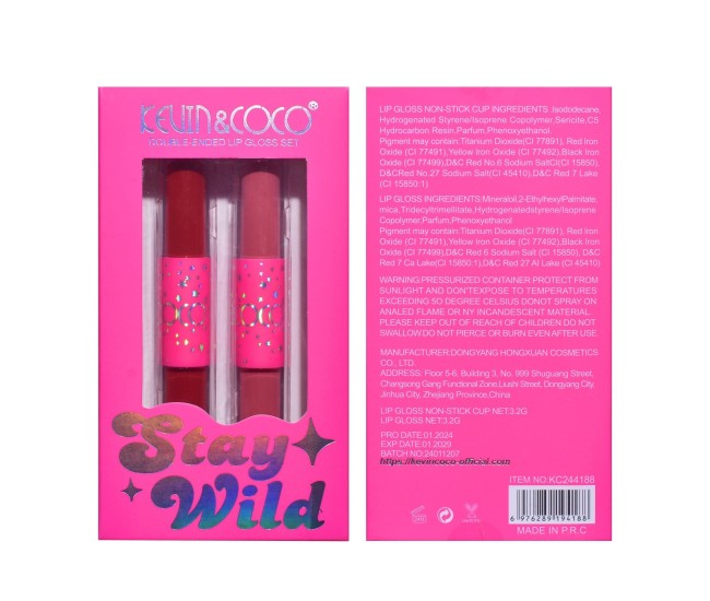 Set de Buze, KEVIN & COCO, Stay Wild 4 Culori, 2 Gloss-uri si 2 Rujuri Mate, 15.1 x 8.1 x 2cm, Roz/Rosu