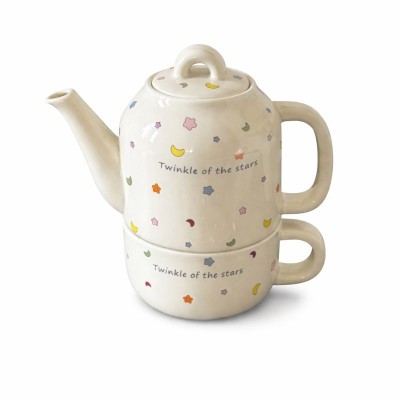 Set de Ceai, Flippy, Ceainic cu Ceasca pentru Uz Casnic, Stele cu Luna, Set de Ceai pentru Copii, Adulti, 18 x 17 x 13 cm, Alb Crem