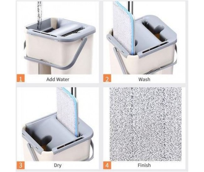 Set de curatenie Flippy, mop si galeata, galeata 6 l, 2 rezerve microfibra incluse, design modern, pentru interior, material plastic, peri sintetici, plat, cu storcere, bej