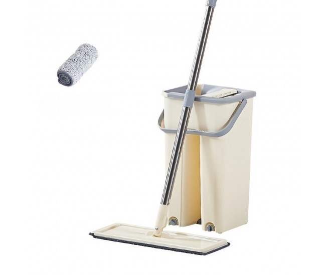 Set de curatenie Flippy, mop si galeata, galeata 6 l, 2 rezerve microfibra incluse, design modern, pentru interior, material plastic, peri sintetici, plat, cu storcere, bej