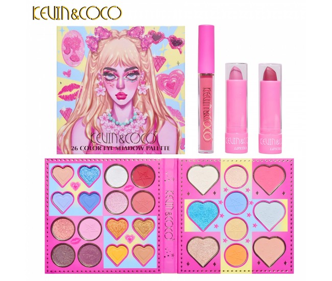 Set de Machiaj, Kevin & Coco, 26 de Culori, Pigmentate, Fard de ochi, Ruj, Gloss, Fard Obraz, 19x18x2 cm, Diferite Nuante Set de Machiaj, Kevin & Coco, 26 de Culori, Pigmentate, Fard de ochi, Ruj, Gloss, Fard Obraz, 19x18x2 cm, Diferite Nuante