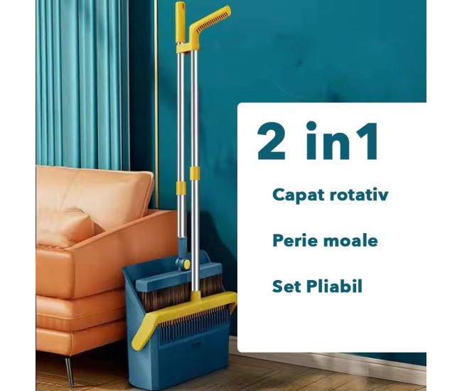 Set Matura si Faras cu Coada Flippy, cu Dinti de Pieptene pentru Curatare Matura, rotativ, pliabil, detasabil, Otel inoxidabil si Polipropilena, 99 x 30 cm Albastru