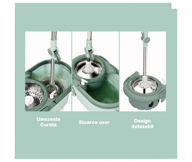 Set mop rotativ cu galeata Flippy, material plastic si microfibra, o rezerva inclusa, rezistent, cu dop scurgere, vas detasabil, orificiu pentru solutie, pentru interior, capacitate 8 l, verde