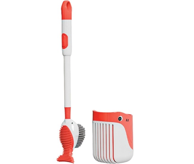 Perie de Toaleta, Flippy, cu Suport de Perete, Recipient Detergent, 2 Tipuri de Perii, Model Balena, Rosu