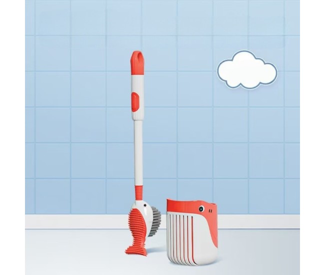 Perie de Toaleta, Flippy, cu Suport de Perete, Recipient Detergent, 2 Tipuri de Perii, Model Balena, Rosu