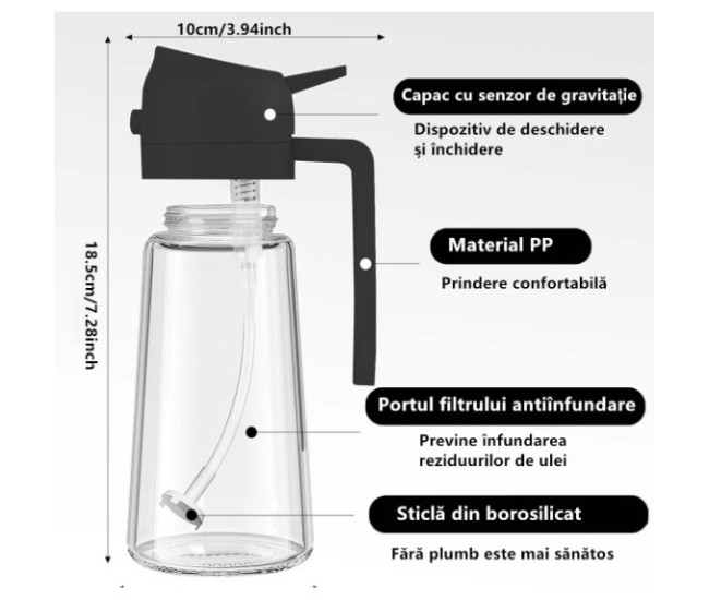 Recipient Ulei, Flippy, 2in1, Functie Spray/Turnare, din Sticla, 470 ml, Fara Scurgere, Negru Recipient Ulei, Flippy, 2in1, Functie Spray/Turnare, din Sticla, 470 ml, Fara Scurgere, Negru