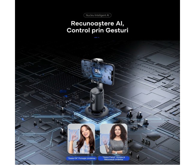 Stabilizator Pentru Telefon Cu Urmarire Automata, Flippy, AI Face Tracking, Rotire 360 Grade, 17 x 8 cm, Negru