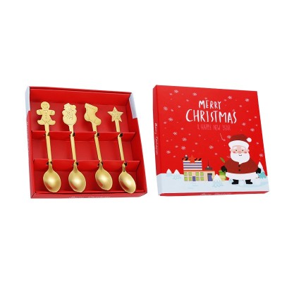 Set 4 Lingurite, Flippy, Tema Craciun, din Otel Inoxidabil, 4 Modele Festive, Cutie Cadou, 14 x 14 x 2.5 cm, Auriu