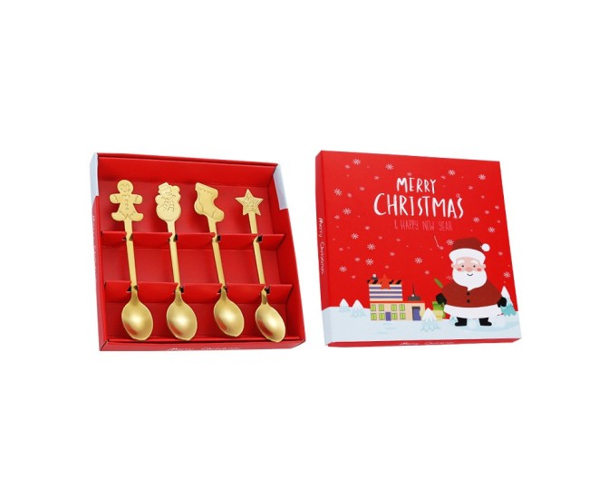 Set 4 Lingurite, Flippy, Tema Craciun, din Otel Inoxidabil, 4 Modele Festive, Cutie Cadou, 14 x 14 x 2.5 cm, Auriu