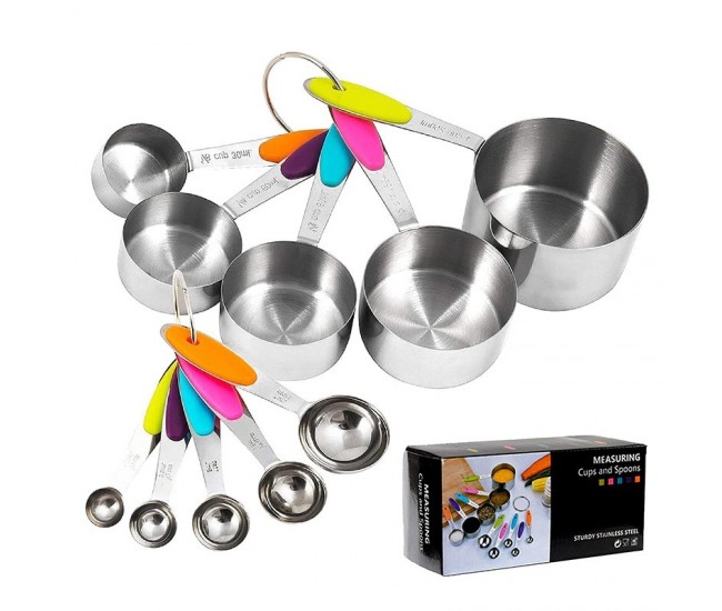 Set 10 Piese de Masurare, Flippy, 5 Linguri Gradate + 5 Cesti Gradate, Otel Inoxidabil + Silicon, 19 x 8 x 9 cm, Multicolor Set 10 Piese de Masurare, Flippy, 5 Linguri Gradate + 5 Cesti Gradate, Otel Inoxidabil + Silicon, 19 x 8 x 9 cm, Multicolor