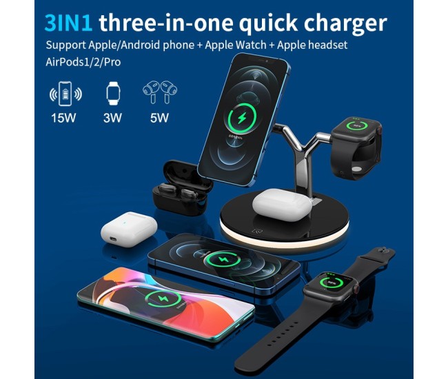 Statie de Incarcare 3 in 1, Flippy, Incarcator MagSafe Wireles Charger, Compatibil cu Apple iPhone, iWatch, AirPods, New Design, Max 25W, 14 x 14 x 10 cm, Negru Statie de Incarcare 3 in 1, Flippy, Incarcator MagSafe Wireles Charger, Compatibil cu Apple iPhone, iWatch, AirPods, New Design, Max 25W, 14 x 14 x 10 cm, Negru