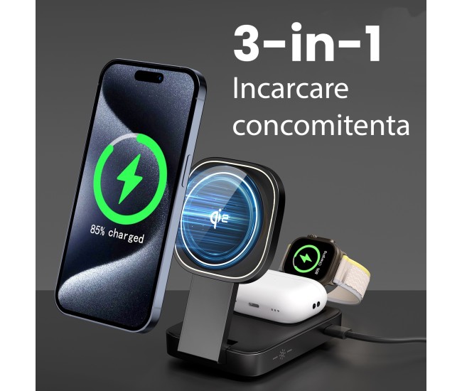 Statie de Incarcare MagSafe 3 in 1, Flippy, Magnetica Wireles Charger, Compatibil cu Apple iPhone, iWatch, AirPods, New Design, Max 23W, 11 x 6.5 x 2.9 cm, Negru