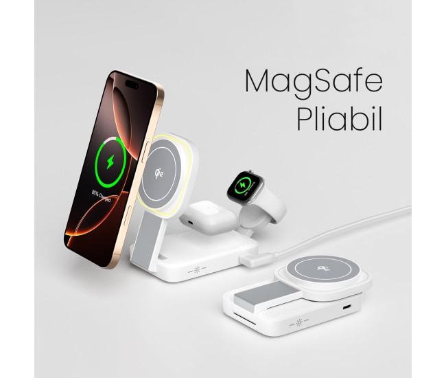 Statie de Incarcare MagSafe 3 in 1, Flippy, Magnetica Wireles Charger, Compatibil cu Apple iPhone, iWatch, AirPods, New Design, Max 23W, 11 x 6.5 x 2.9 cm Alb Ivory