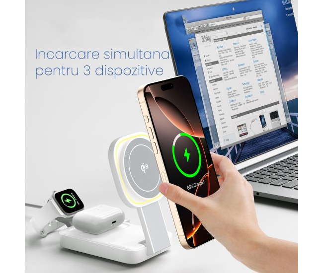 Statie de Incarcare MagSafe 3 in 1, Flippy, Magnetica Wireles Charger, Compatibil cu Apple iPhone, iWatch, AirPods, New Design, Max 23W, 11 x 6.5 x 2.9 cm Alb Ivory